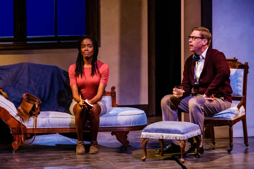 (Allison Edwards-Crewe) interviews Maurice (Geoffrey Pounsett). Photo: Barbara Zimonick