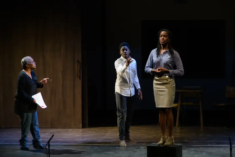 Patricia (Marcia Johnson) directs Steve (Tony Ofori) in an audition with Tia (Allison Edwards-Crewe). Photo: Barbara Zimonick