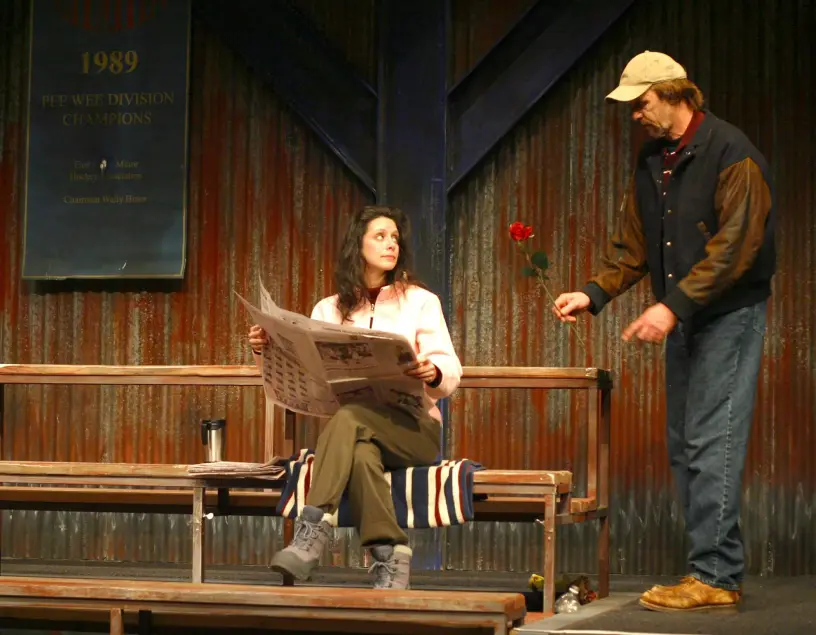 Cailin Stadnyk as Donna and Jackson Davies as Teddy, in 'Hockey Mom, Hockey Dad' at The Arts Club. Photo by David Cooper