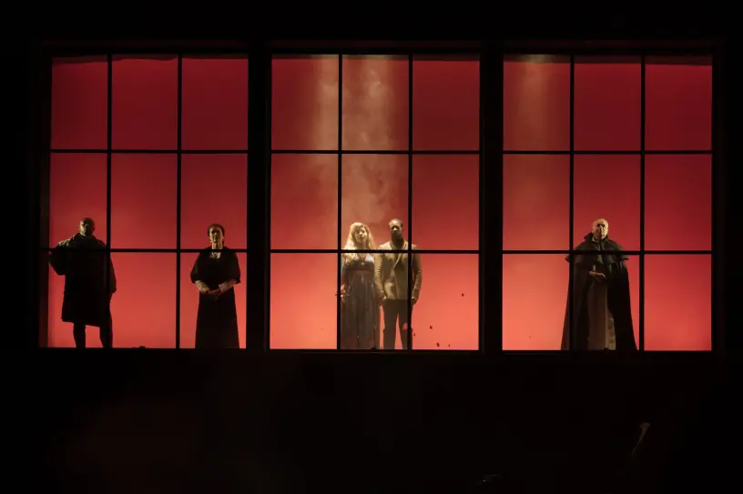 THE COMPANY OF BOTTICELLI IN THE FIRE; PHOTO BY HAMPSTEAD THEATRE (UK)