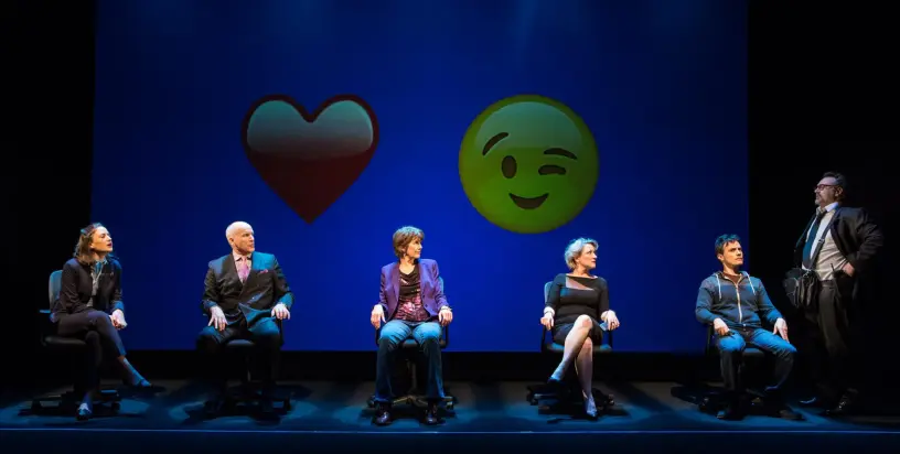Rachel Cairns, John Bourgeois, Maggie Huculak, Kelli Fox, Fabrizio Filippo & Tony Nappo in 'The Summoned' at Tarragon Theatre. Photo: Cylla von Tiedemann